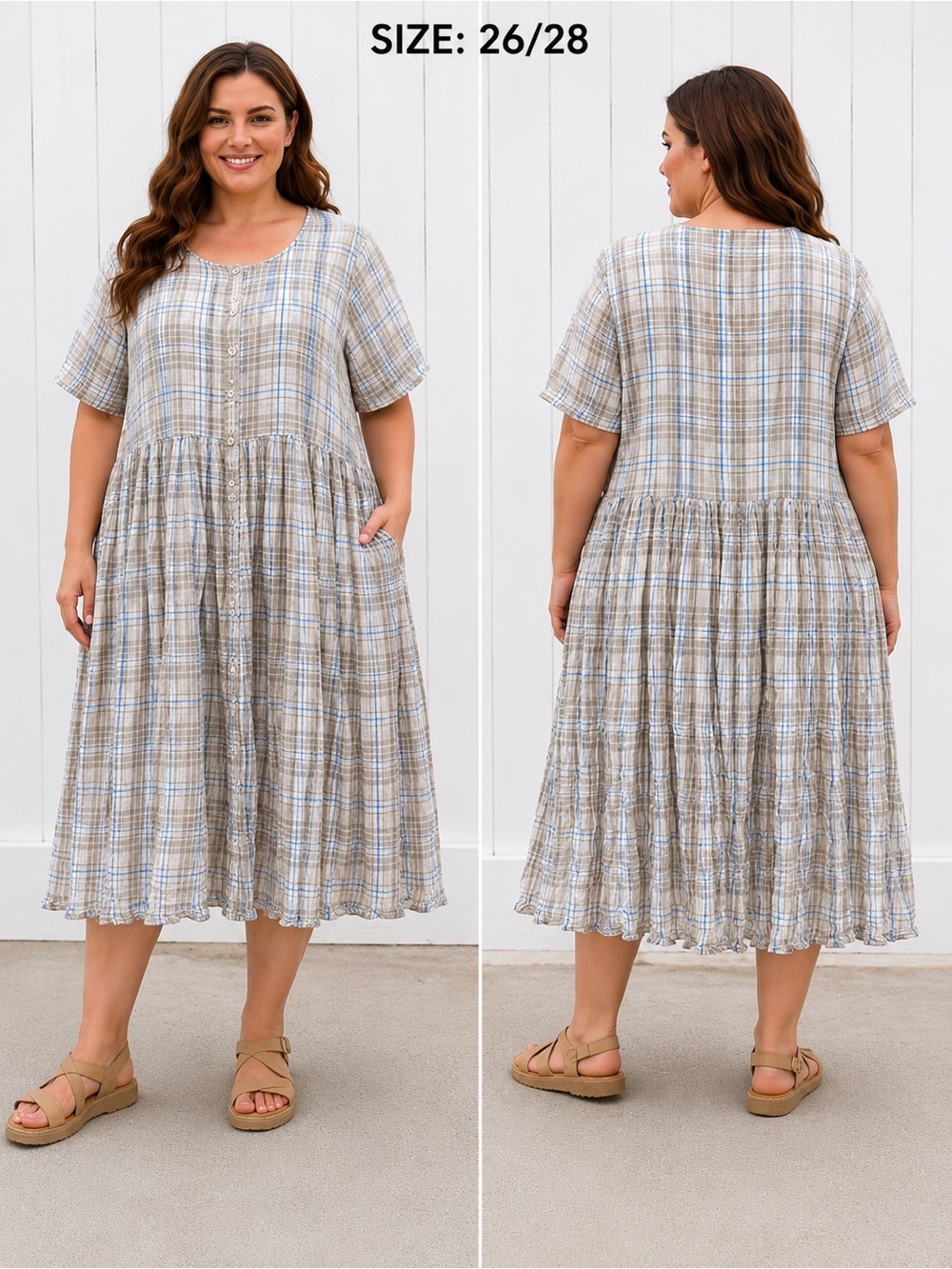 S Roberts Women’s 26/28 Plaid Crinkle Cotton Midi Dress Plus Size Boho